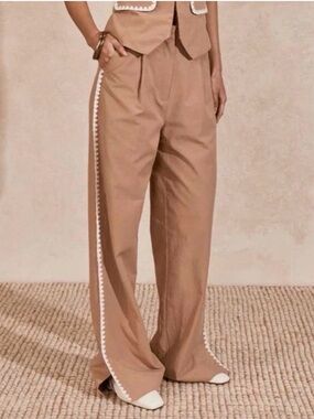 Mon Renn Tan Wide Leg Pants Elastic Waist White Embroidered Side Trim  Small NWT
